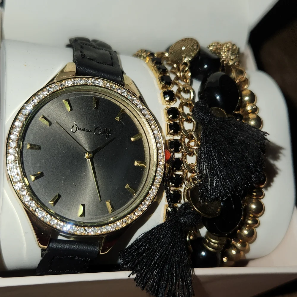 Jessica Carlyle Black and Gold Watch and Bracelet Set